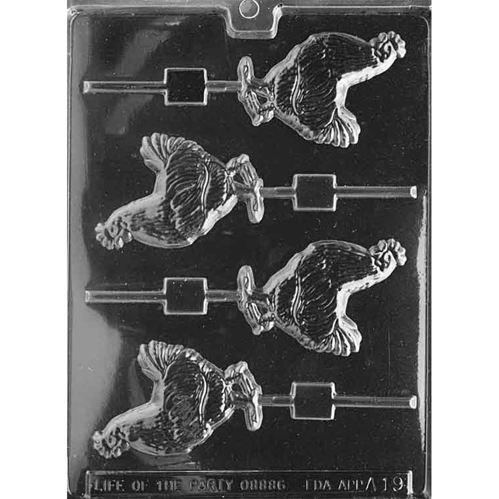 Clear plastic chicken chocolate lollipop mold with four rooster-shaped cavities showing feather texture and stick channels, photographed on a dark background.