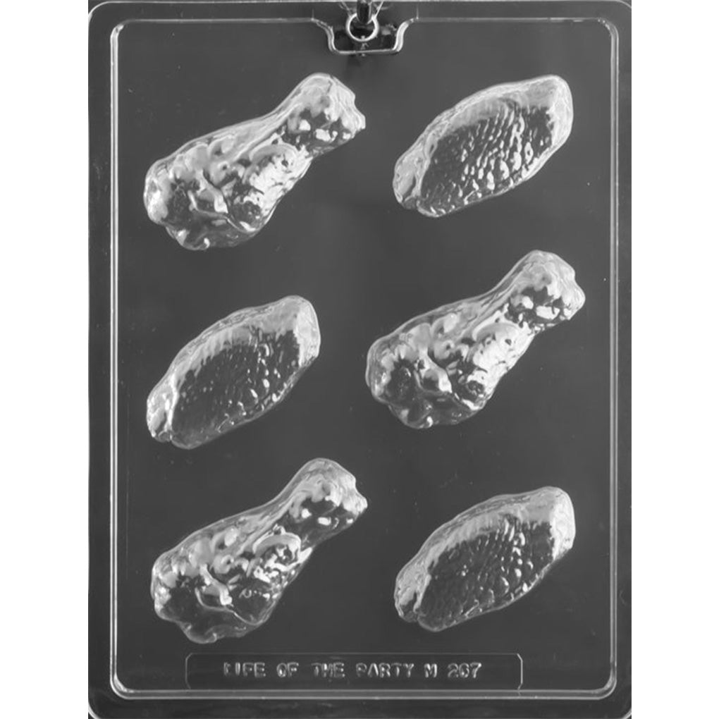 Six-cavity chicken wings and drumsticks chocolate mold with three textured wing pieces and three realistic drumstick shapes