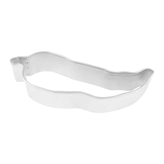 Silver chili pepper cookie cutter shown on a white background, with a curved pepper shape and small stem detail.