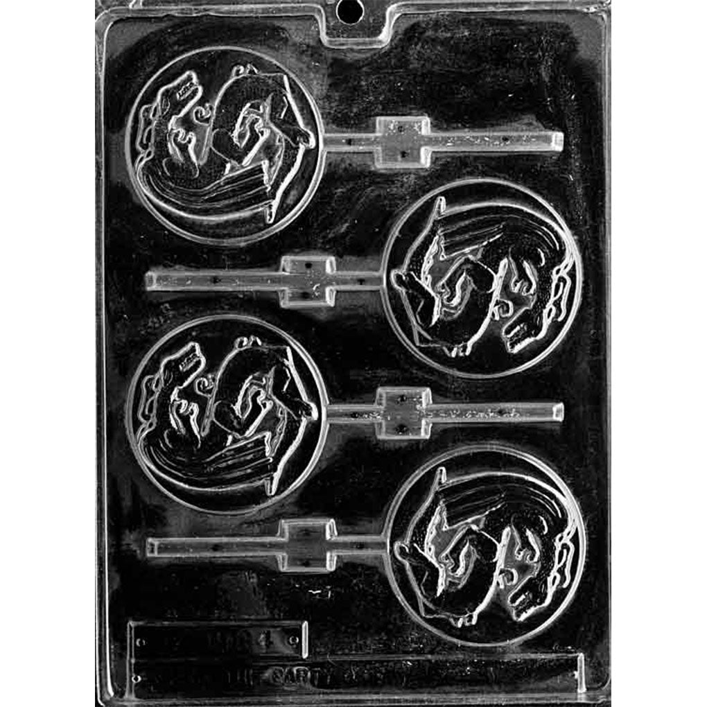 Four-cavity round Chinese dragon chocolate lollipop mold with raised coiled dragon artwork, circular borders, and alternating stick channels.