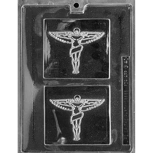 Clear plastic chocolate mold with two square plaque cavities, each featuring a chiropractic insignia with a winged figure and coiled staff symbol.