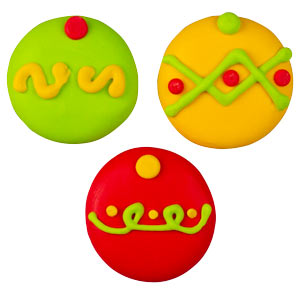 three colorful royal icing Christmas ornament decorations, each 1.25 inches in size, perfect for holiday dessert decorating.