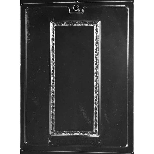 Clear plastic chocolate bar mold with one long rectangular cavity featuring a smooth center and raised decorative swirl border