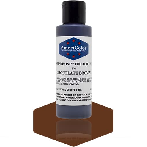 4.5 oz bottle of AmeriMist Chocolate Brown airbrush food coloring by AmeriColor, shown with a swatch of deep brown beneath the bottle.