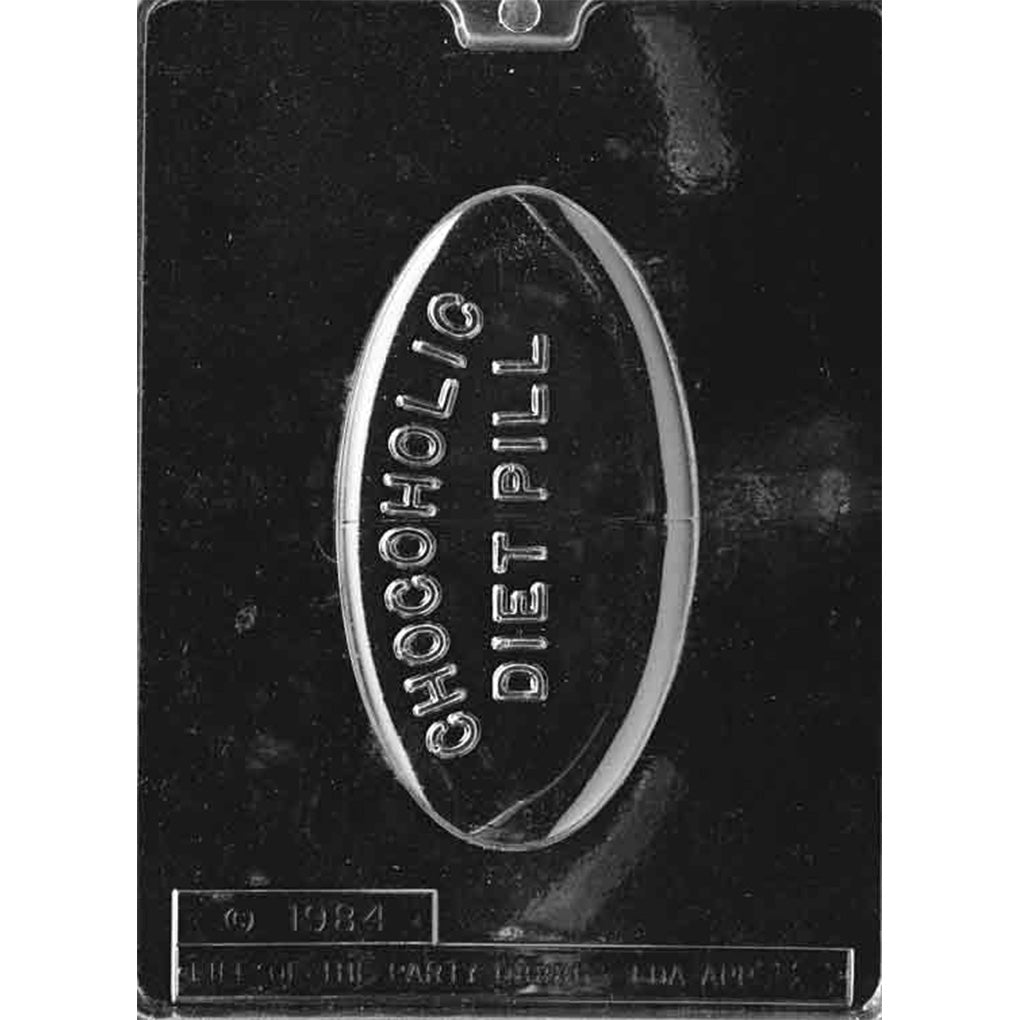 Clear plastic Chocolate Diet Pill Chocolate Mold with one oversized oval cavity reading CHOCOHOLIC DIET PILL in raised letters