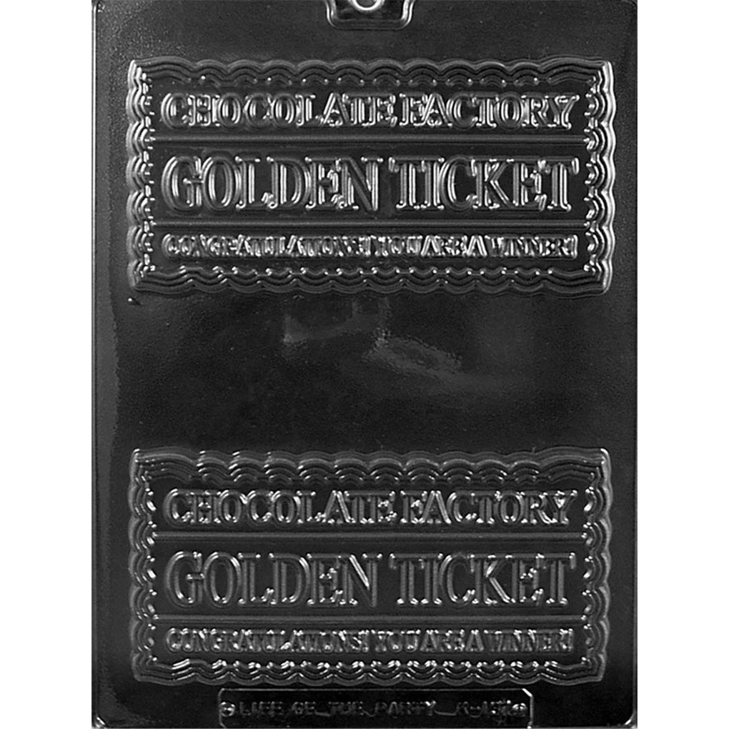 Golden Ticket chocolate mold with two 6-inch ticket cavities featuring Chocolate Factory wording, winner messages, and scalloped borders