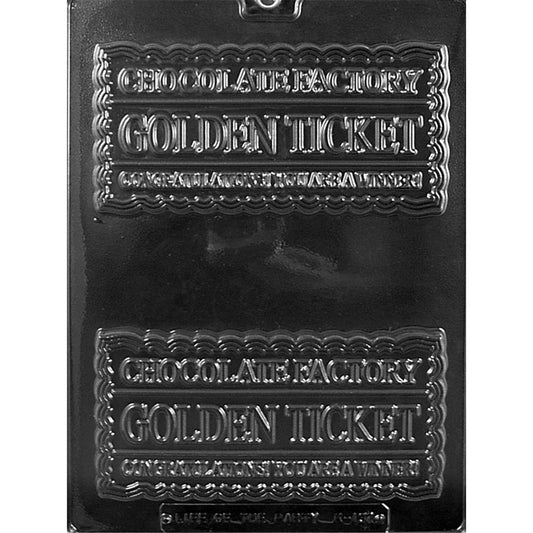 Golden Ticket chocolate mold with two 6-inch ticket cavities featuring Chocolate Factory wording, winner messages, and scalloped borders