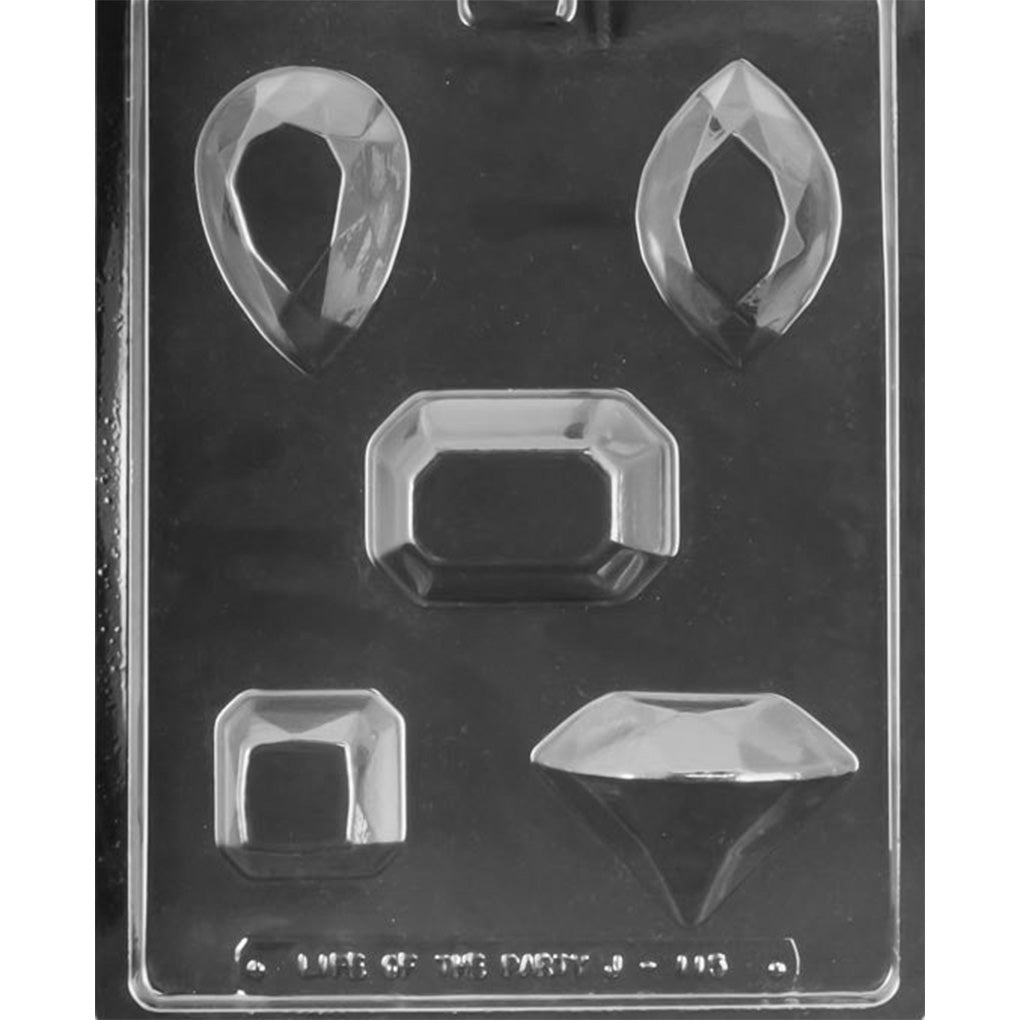 Five-cavity gemstone chocolate mold with pear, marquise, emerald-cut rectangle, square, and side-profile diamond shapes with faceted surfaces