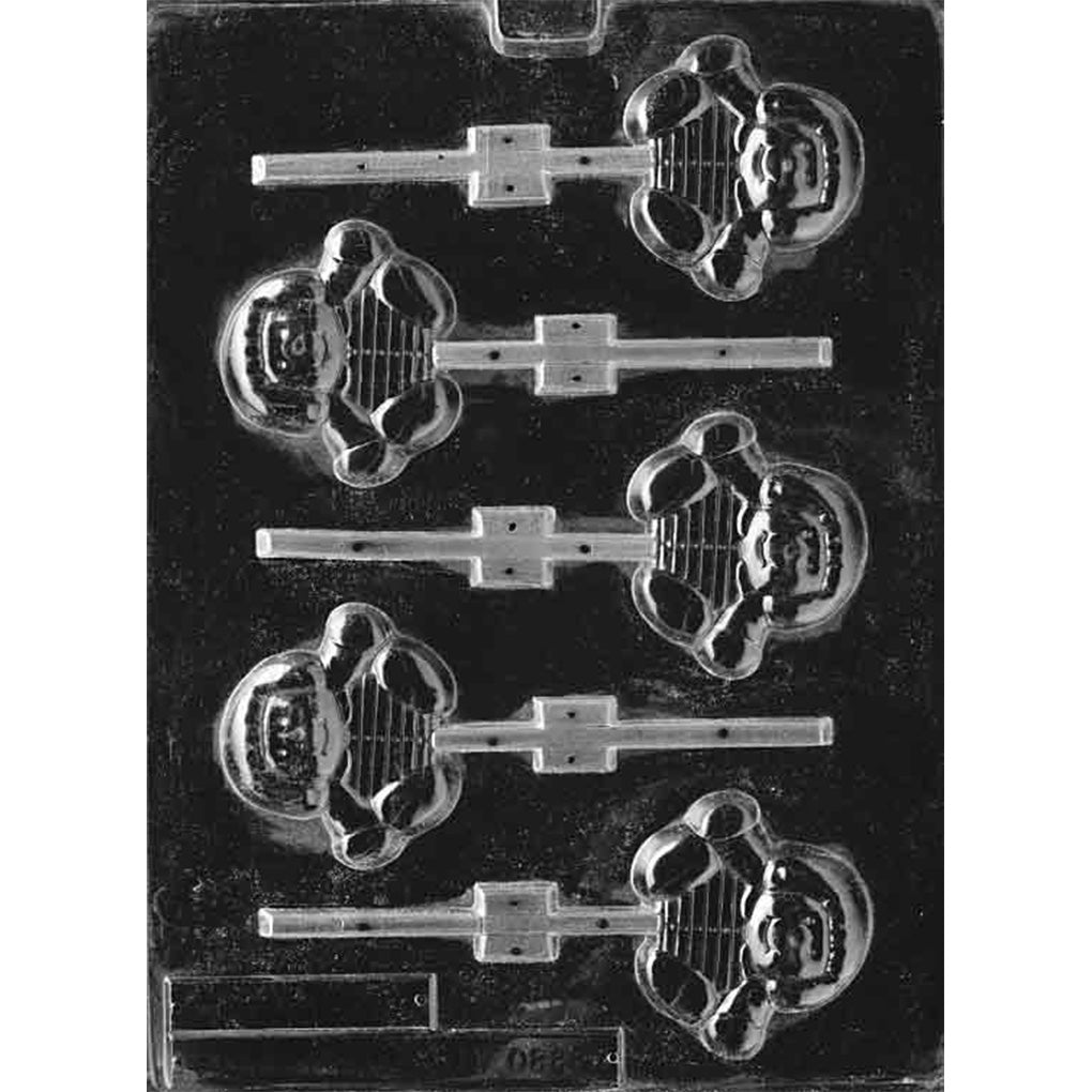 Five-cavity chocolate kid boy lollipop mold with smiling figures in striped shirts and shorts plus built-in stick channels