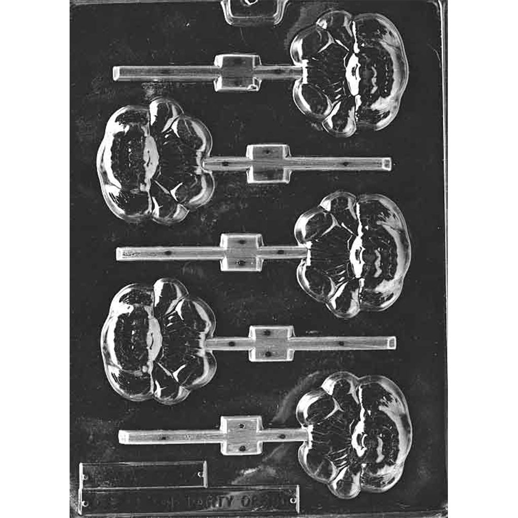 Five-cavity Chocolate Kid girl chocolate lollipop mold with smiling full-figure characters, rounded hair, detailed clothing, and stick channels