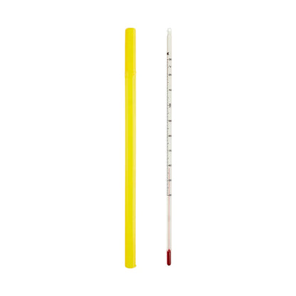 Chocolate thermometer next to its yellow case, both laid flat on a white background.