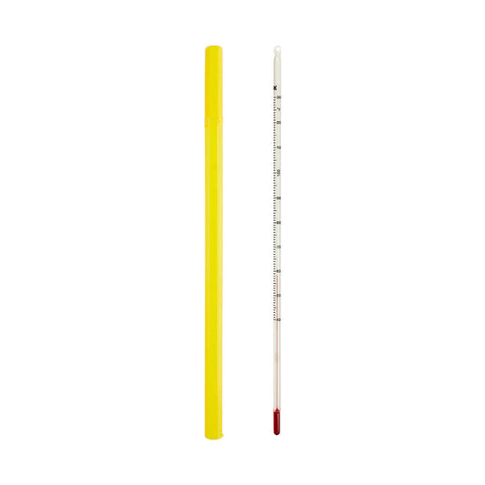 Chocolate thermometer next to its yellow case, both laid flat on a white background.