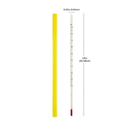 Chocolate tempering thermometer and yellow case with measurement indicators showing 12 inches (30.48 cm) in length and 0.25 inches (0.64 cm) in diameter.