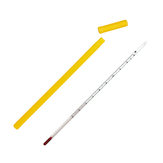 Glass chocolate tempering thermometer with red tip and yellow protective case shown open with cap removed.