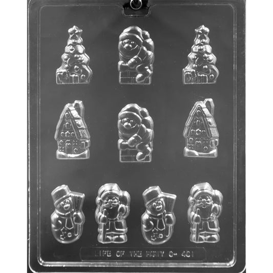 Christmas-themed chocolate mold with assorted cavities for a decorated tree with presents, Santa figures, a chimney scene, a snowman with a top hat and broom, and a snow-covered A-frame house.