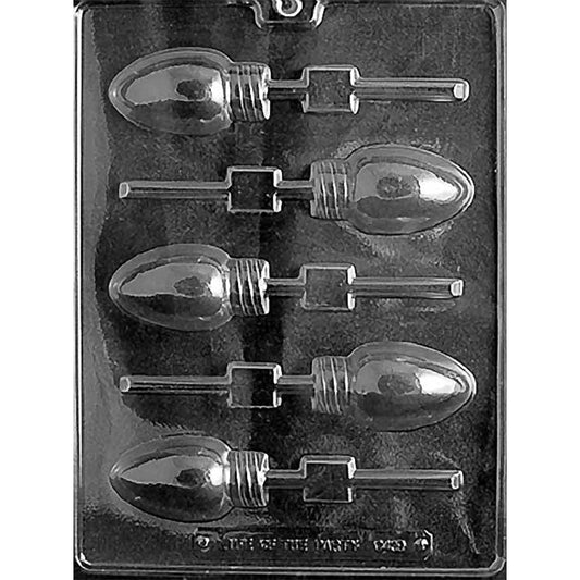 Chocolate mold with five cavities shaped like classic Christmas light bulb lollipops.