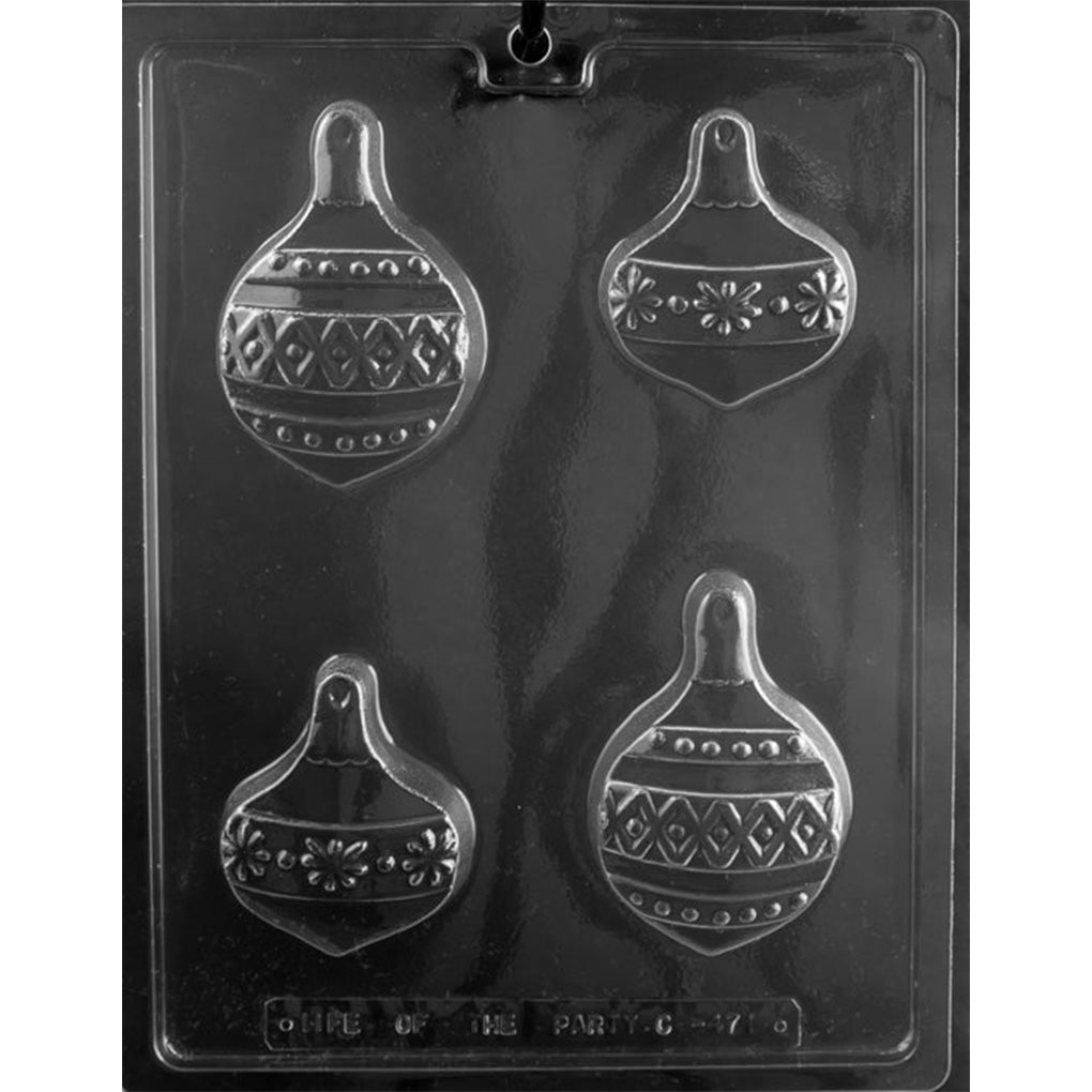 Clear chocolate covered cookie mold with four Christmas ornament-shaped cavities in two sizes, featuring geometric diamond patterns and floral bands.