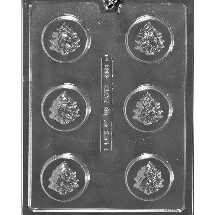 Clear chocolate mold with six round cavities, each featuring a raised Christmas tree design for chocolate-covered cookies