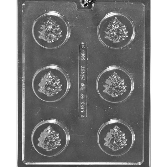 Clear chocolate mold with six round cavities, each featuring a raised Christmas tree design for chocolate-covered cookies