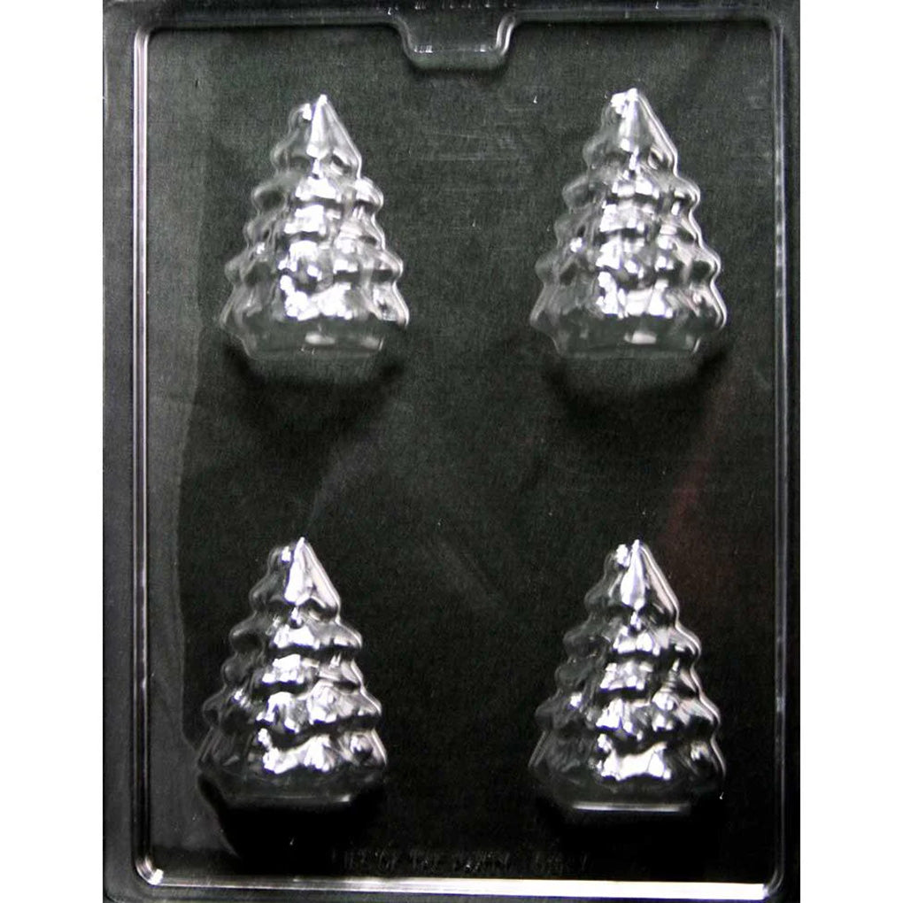 Chocolate mold tray with four detailed Christmas tree cavities featuring layered evergreen branches