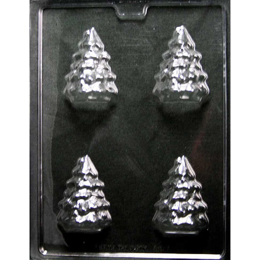 Chocolate mold tray with four detailed Christmas tree cavities featuring layered evergreen branches