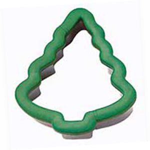 Christmas tree comfort grip cookie cutter with a green cushioned top and metal cutting edge, shown on a white background with a stylized tree outline