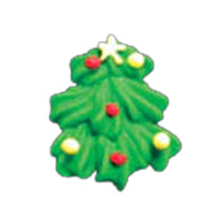 Miniature royal icing Christmas tree decorations, green with piped branches and colorful ornament-like accents, shown on a white background.