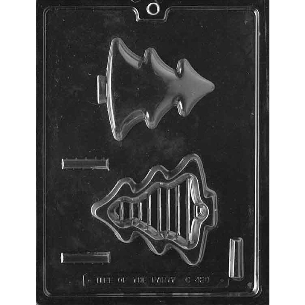 Two-cavity small Christmas tree pour box chocolate mold with a smooth tiered-tree lid and matching ribbed base, approximately 4 1/8 x 3 3/4 inches.