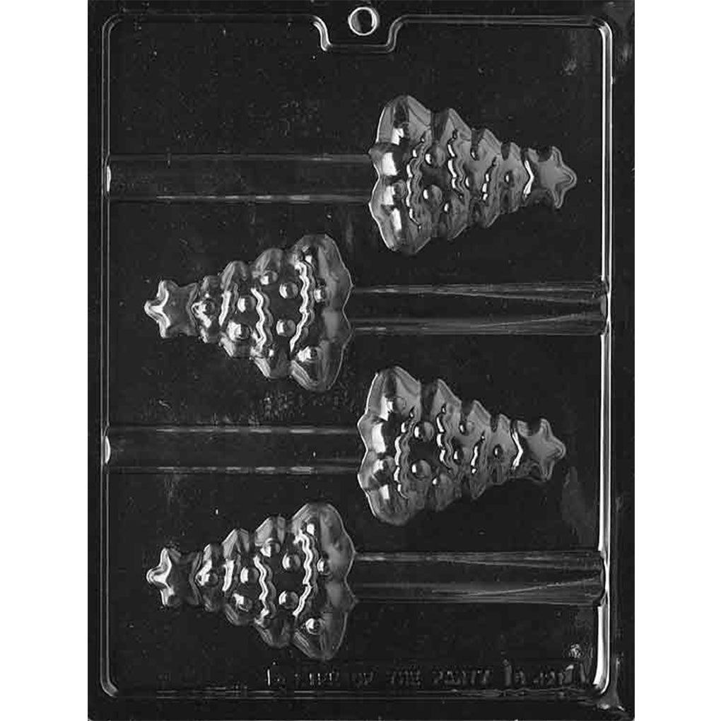 Clear plastic pretzel rod chocolate mold with four decorated Christmas tree cavities featuring stars, ornaments, garland, and built-in rod channels