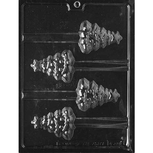 Clear plastic pretzel rod chocolate mold with four decorated Christmas tree cavities featuring stars, ornaments, garland, and built-in rod channels