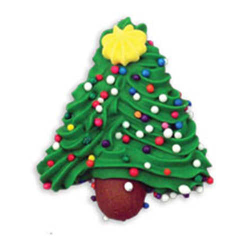 Christmas tree royal icing decoration with green piped branches, yellow star, and colorful non-pareil sprinkles.