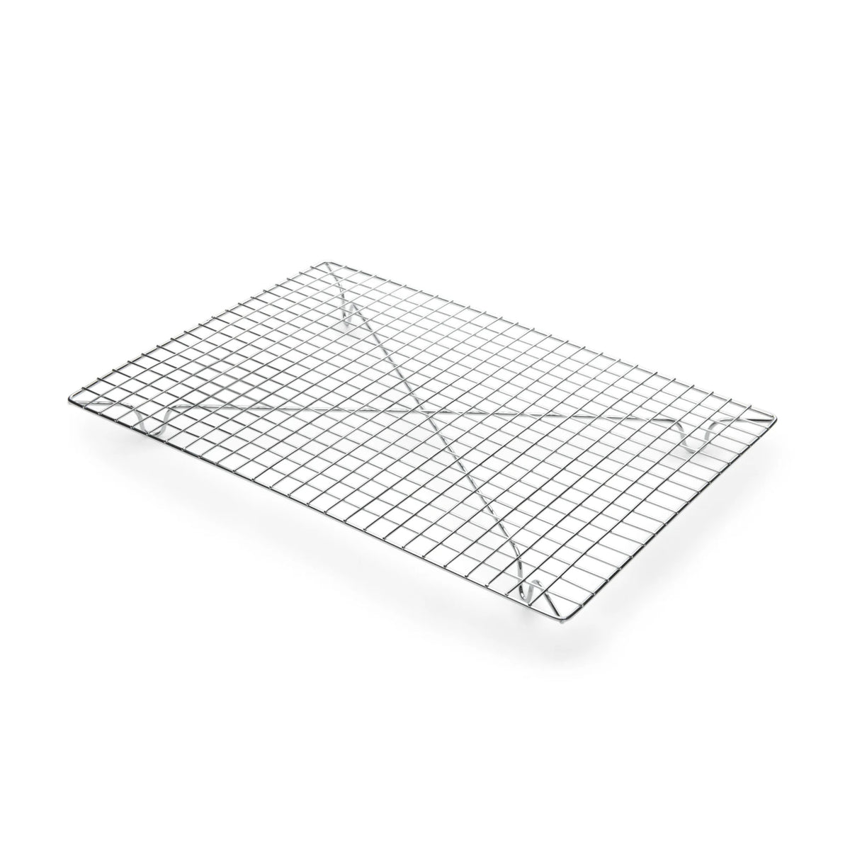 Rectangular chrome cooling rack measuring 14.25 x 10.25 x 1 inch, shown empty with closely spaced grid wires, raised feet, and reinforced supports.