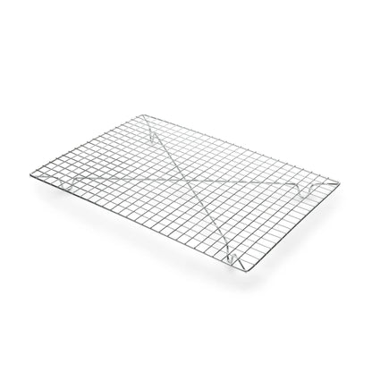 Rectangular chrome cooling rack measuring 14.25 x 10.25 x 1 inch, shown empty with closely spaced grid wires, raised feet, and reinforced supports.
