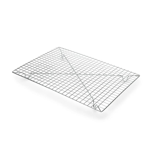 Rectangular chrome cooling rack measuring 14.25 x 10.25 x 1 inch, shown empty with closely spaced grid wires, raised feet, and reinforced supports.