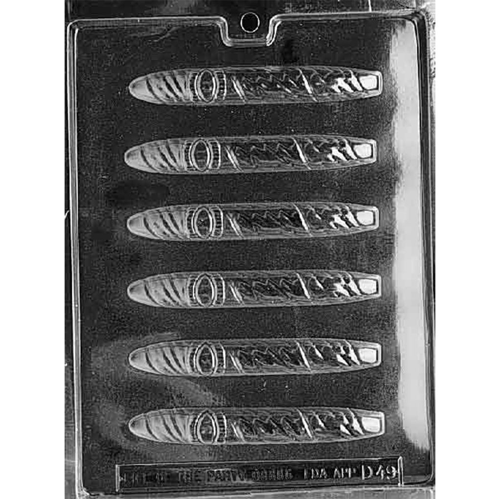 Clear plastic chocolate mold with multiple long cigar-shaped cavities featuring a raised band area near one end, arranged in rows on a dark background.