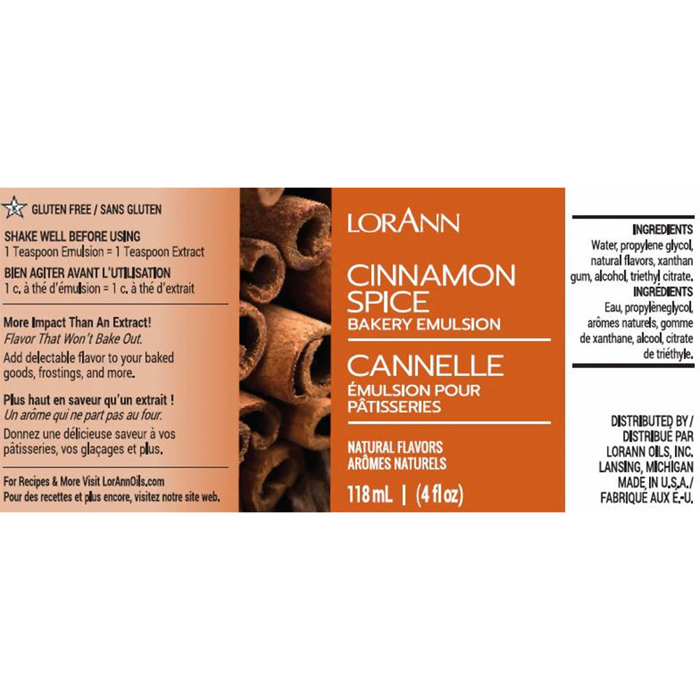 Cinnamon Spice Bakery Emulsion label by LorAnn with curled cinnamon sticks in the background. Rich orange color palette. Emphasizes intense cinnamon flavor that doesn’t fade during baking. Ingredients and product usage included.