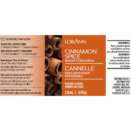 Cinnamon Spice Bakery Emulsion label by LorAnn with curled cinnamon sticks in the background. Rich orange color palette. Emphasizes intense cinnamon flavor that doesn’t fade during baking. Ingredients and product usage included.