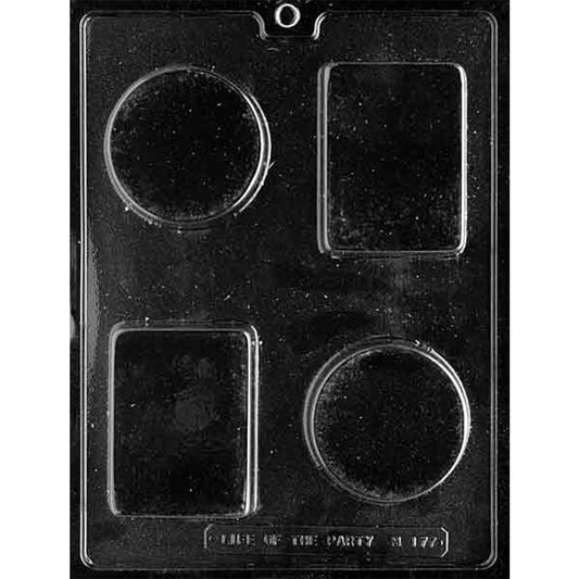 Clear four-cavity chocolate bar mold with two smooth round cavities and two smooth rounded-rectangle cavities.