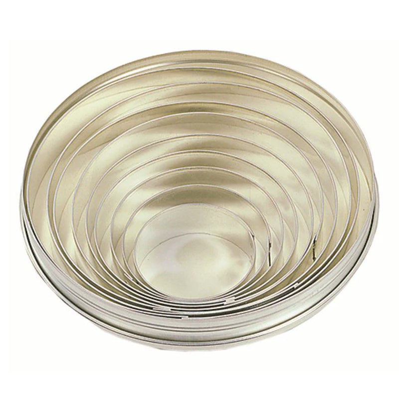 Set of 9 stainless steel round cookie cutters nested in a metal storage tin, ranging from approximately 2 to 6 inches in size