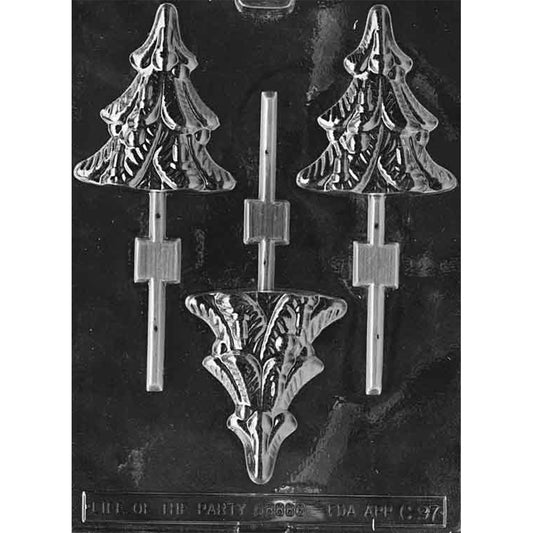 Clear plastic Christmas tree chocolate lollipop mold with three cavities showing decorated evergreen trees with layered branches, ornament accents, and stick channels on a dark background.