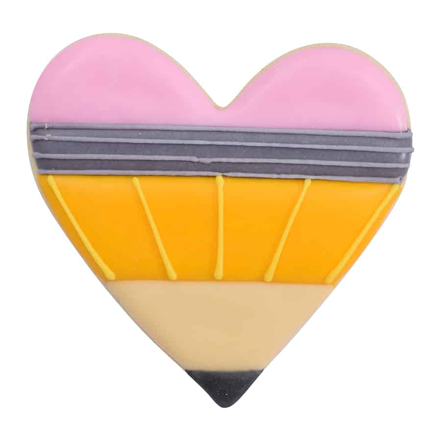 Heart-shaped cookie decorated as a pencil with pink, yellow, and black icing, perfect for teacher gifts or school-themed treats.