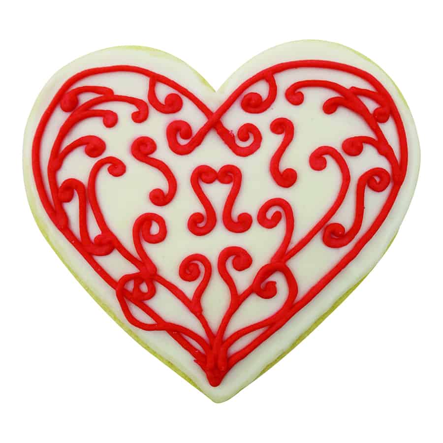 Heart-shaped cookie decorated with intricate red swirls on a white icing background, perfect for Valentine's Day or romantic occasions.