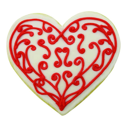 Heart-shaped cookie decorated with intricate red swirls on a white icing background, perfect for Valentine's Day or romantic occasions.