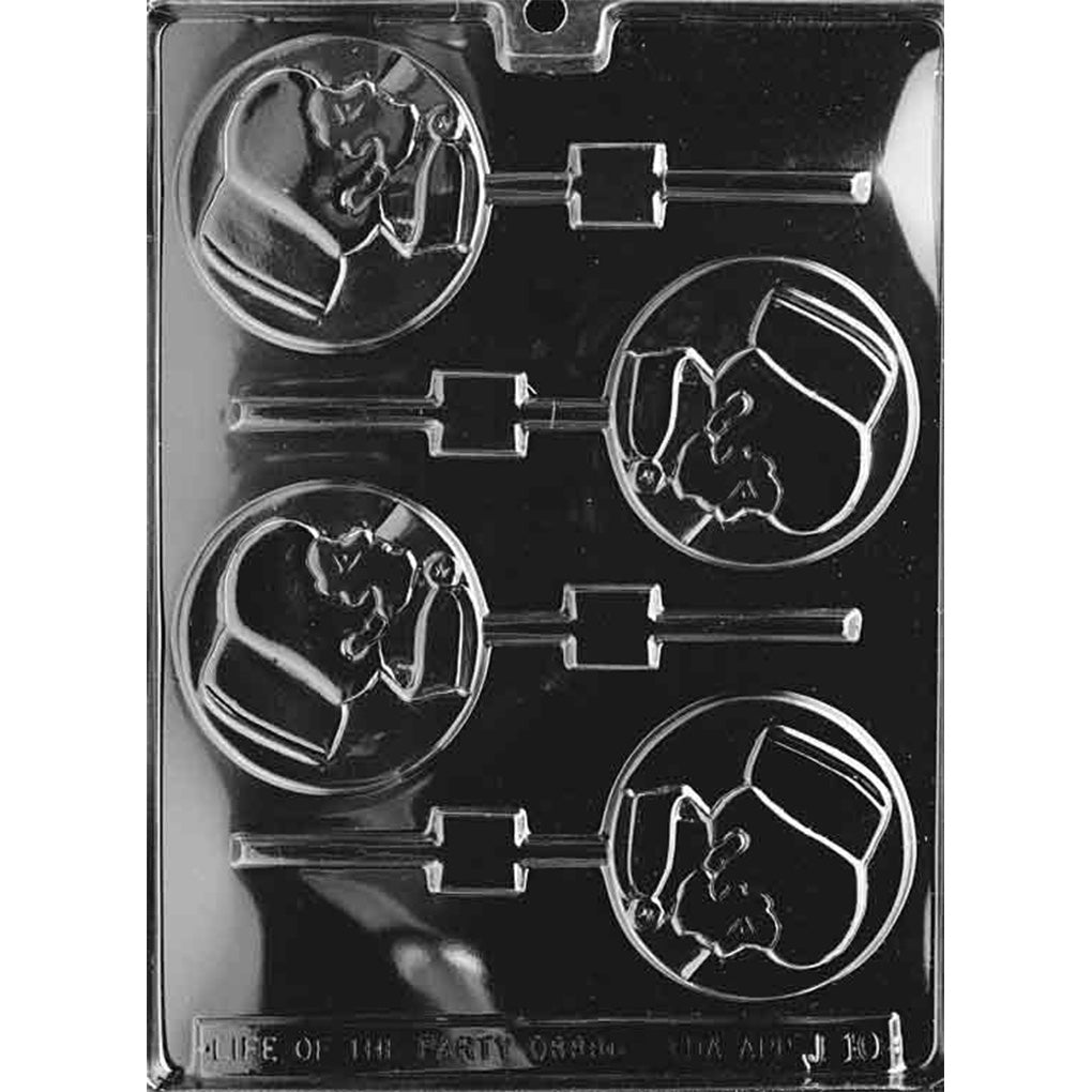 Clear Classic Nurse Chocolate Lollipop Mold photographed against a black background with 4 round cavities featuring a traditional nurse portrait and built-in stick channels.