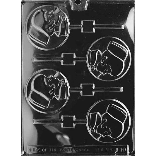 Clear Classic Nurse Chocolate Lollipop Mold photographed against a black background with 4 round cavities featuring a traditional nurse portrait and built-in stick channels.