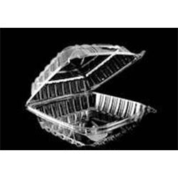 Clear square hinged deli container with ridged sides and an attached lid shown open at an angle on a black background, sized for packaging baked goods and desserts.