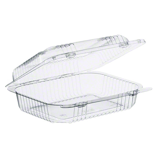 Clear hinged deli container with ribbed sides and open lid on a white background.