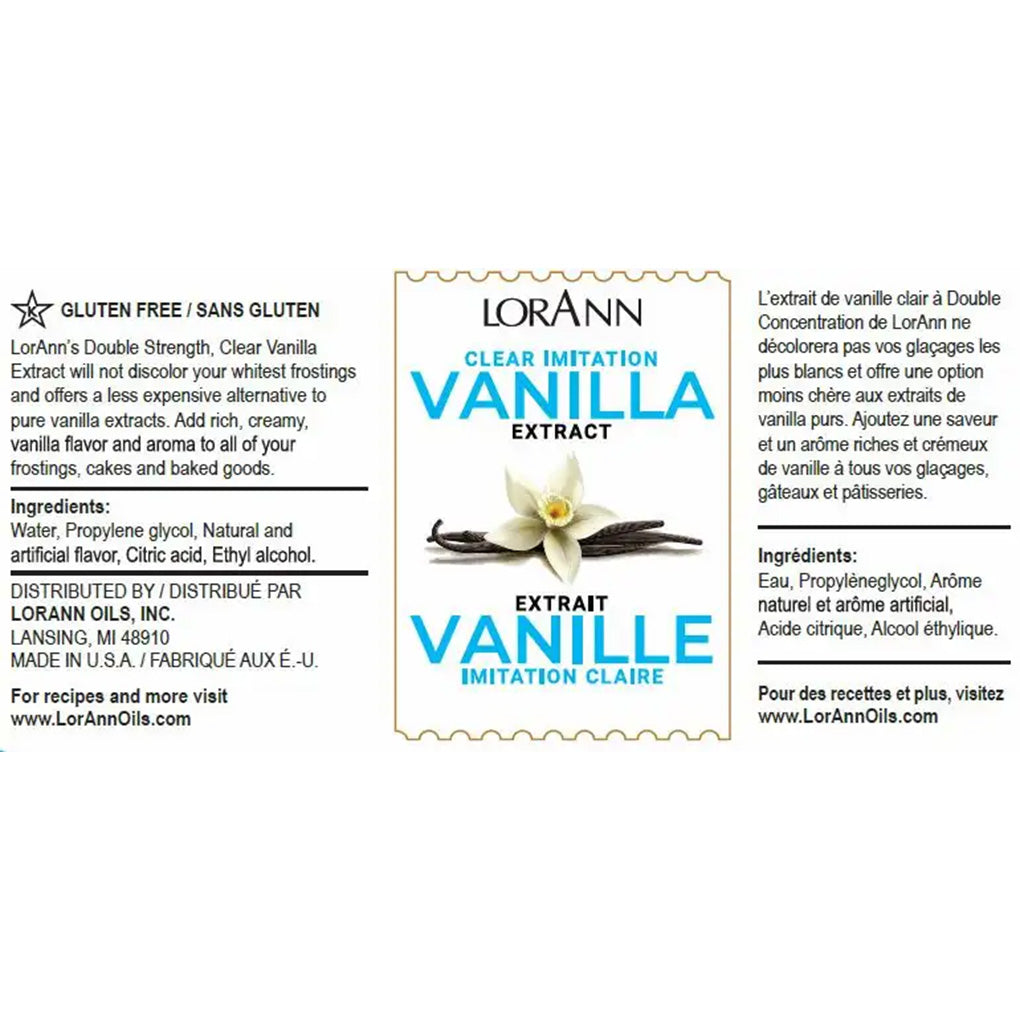 LorAnn clear imitation vanilla extract label showing gluten-free claim and ingredient list.