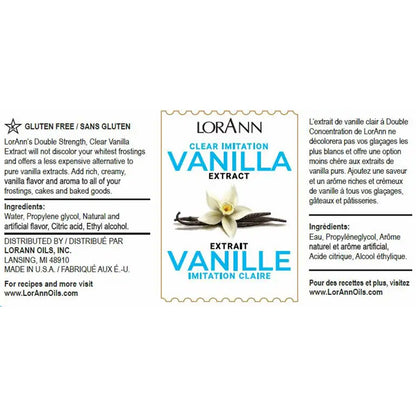 LorAnn clear imitation vanilla extract label showing gluten-free claim and ingredient list.