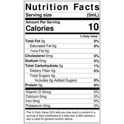 Nutrition Facts panel for LorAnn clear vanilla extract showing serving size 5 mL and 10 calories.